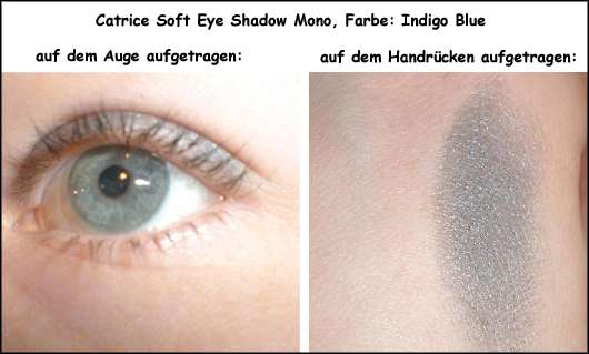 Catrice Soft Eye Shadow Mono, Farbe: Indigo Blue - auf dem Auge bzw. Handrücken aufgetragen