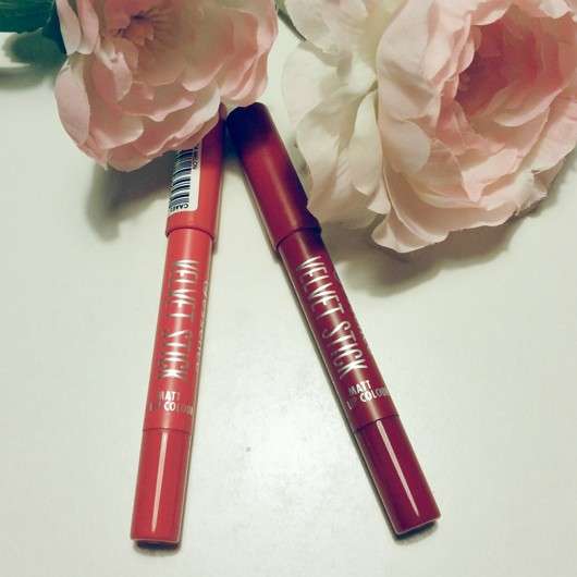 essence velvet stick matt lip colour, Farbe: 03 mega melon & 04 cherry crash