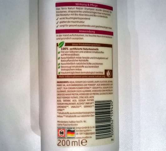 Terra Naturi Repair Vitalisierendes Shampoo Herstellerversprechen und Inhaltsstoffe