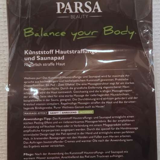 Verpackungsrückseite des PARSA Beauty Hautstraffungs- und Saunapad