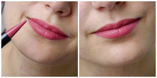 essence 2in1 matt lipstick & liner, Farbe: 02 make some noise - komplett auf den Lippen aufgetragen