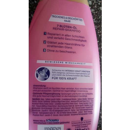 Rückseite des Schwarzkopf Schauma 7 Blüten-Öl Repair-Shampoos 