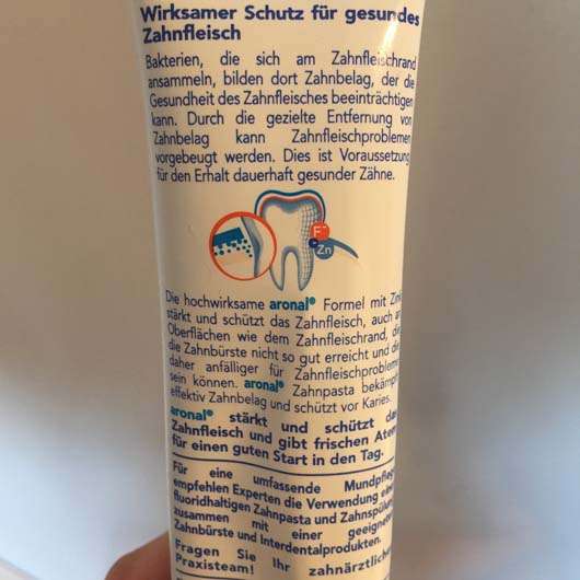 Herstellerversprechen der aronal Zahncreme Zahnfleischschutz mit Zink
