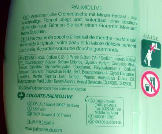 Palmolive Gourmet Mint Shake Body Butter Cremedusche - Aufschrift Flasche Rückseite