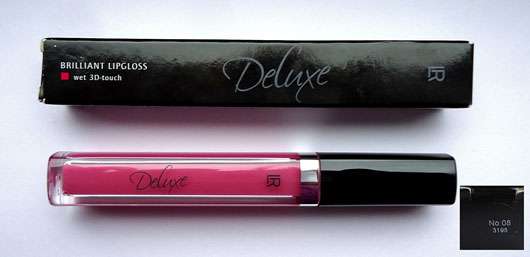 LR Deluxe Brilliant Lipgloss, Farbe: 08 Rose Temptation - Verpackung und Hülse