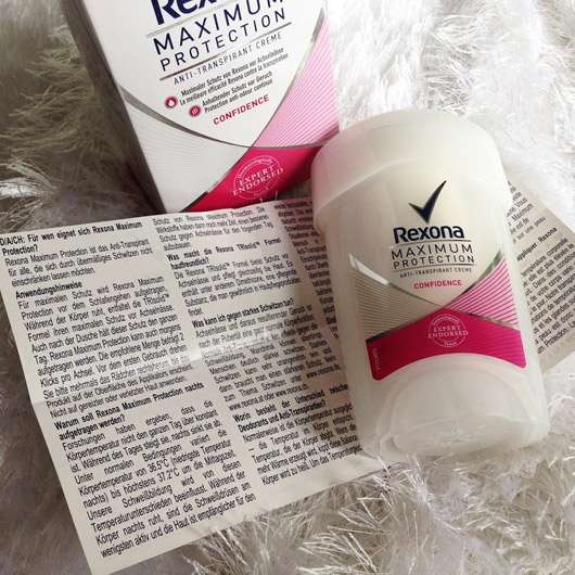 Rexona Maximum Protection Anti-Transpirant Creme "Confidence" - Verpackung, Behälter und Beipackzettel