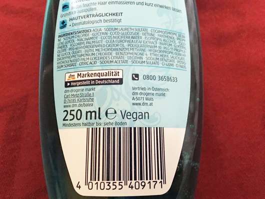 Balea Schönheitsgeheimnisse Feuchtigkeitsspendendes Shampoo Cocos-Wasser Herstellerangaben
