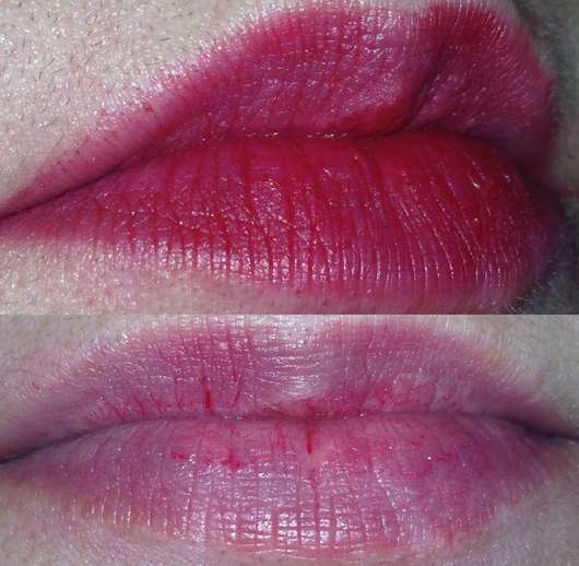 Urban Decay VICE Lipstick, Farbe: F-Bomb (Cream Finish) oben – nach dem essen/trinken; unten – abgeschminkt ohne Kokosöl