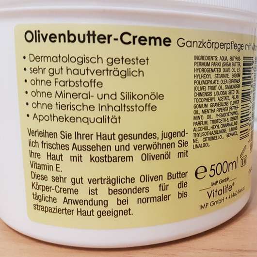 Vitalife Olivenbutter Creme Herstellerangaben