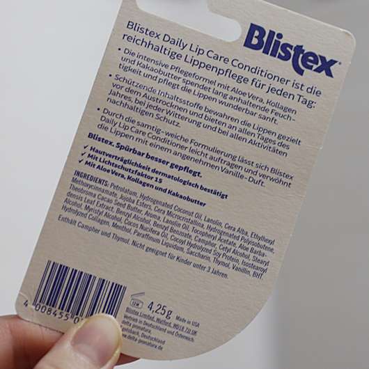 Verpackungsrückseite - Blistex Daily Lip Care Conditioner