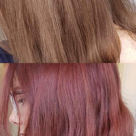 Haare vor/nach der Verwendung der ISANA Professional Schaumtönung, Farbe: 645 Granatrot
