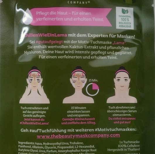 Verpackungsrückseite - The Beauty Mask Company Motiv-Tuchmaske „Lama“