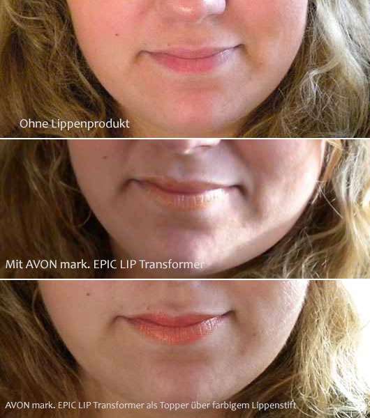 AVON mark. EPIC LIP Transformer als Topper über farbigem Lippenstift - Collage der Lippen ohne und mit Produkt