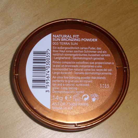 ASTOR Natural Fit Sun Bronzer, Farbe: 003 Terra Sun - Tiegel Rückseite