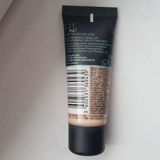 Maybelline Fit Me! Matte + Poreless Mattierendes Make-up, Farbe: 100 Warm Ivory - Rückseite