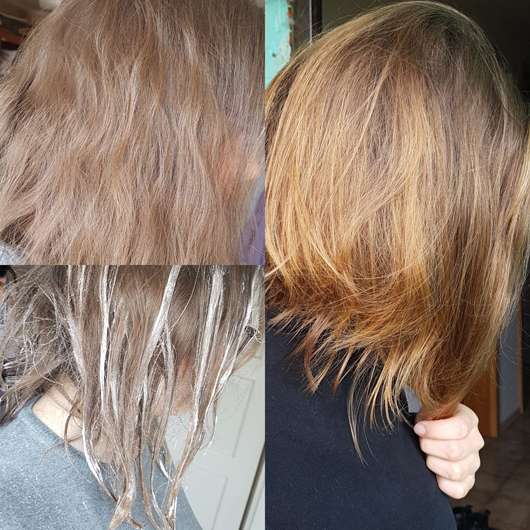 Haare vor der Anwendung (oben links) / währenddessen (unten links) // nach der Anwendung (rechts)