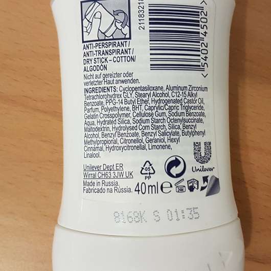 Rexona Cotton Dry Anti-Transpirant Deo Stick - Verpackungsrückseite