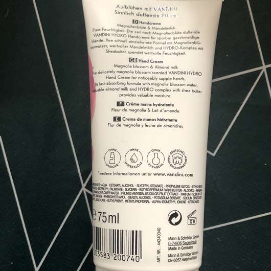 VANDINI Hydro Handcreme Magnolienblüte & Mandelmilch - Rückseite