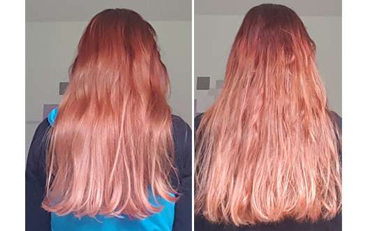 links: Haare vor dem Test (glänzend und geschmeidig) // rechts: Haare direkt nach der ersten Anwendung (kraus und matt) links: Haare vor dem Test (glänzend und geschmeidig) // rechts: Haare direkt nach der ersten Anwendung (kraus und matt)